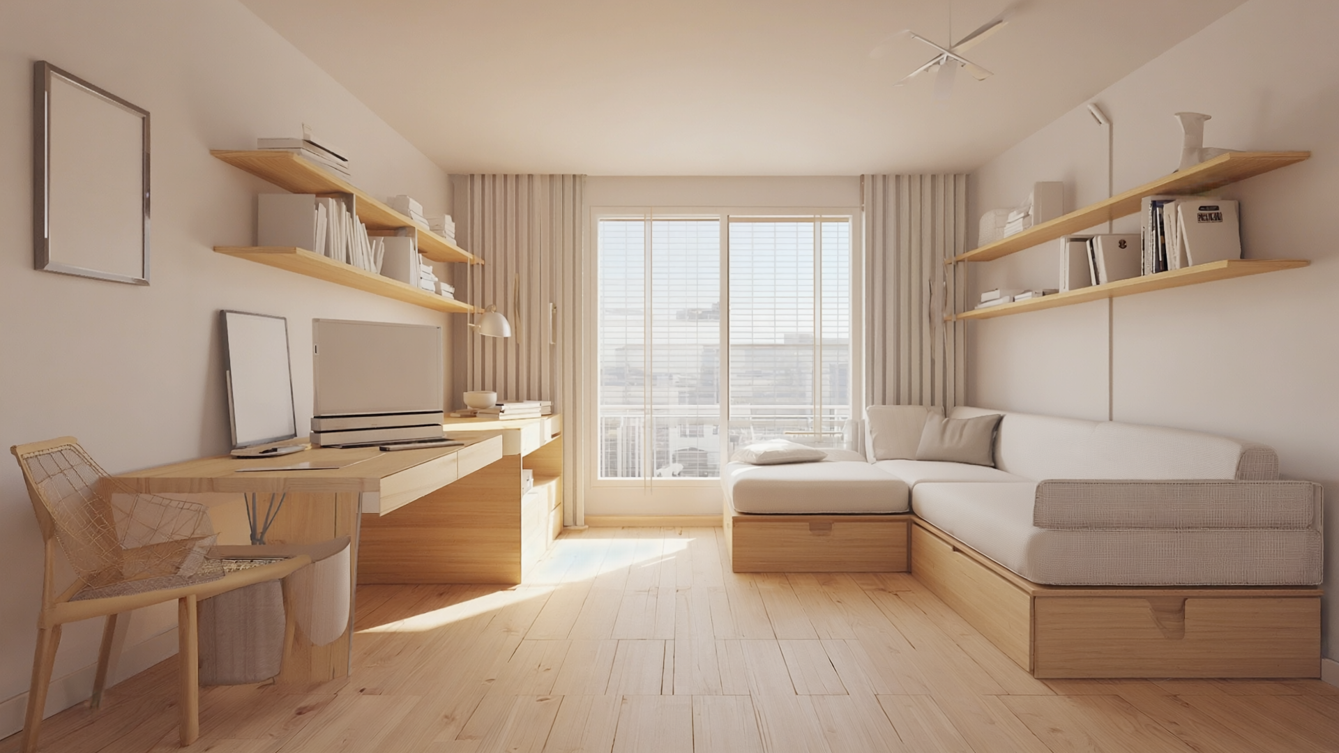 Innenraum einer 11-Quadratmeter-Mikrowohnung mit Tageslicht und modularen Möbeln.